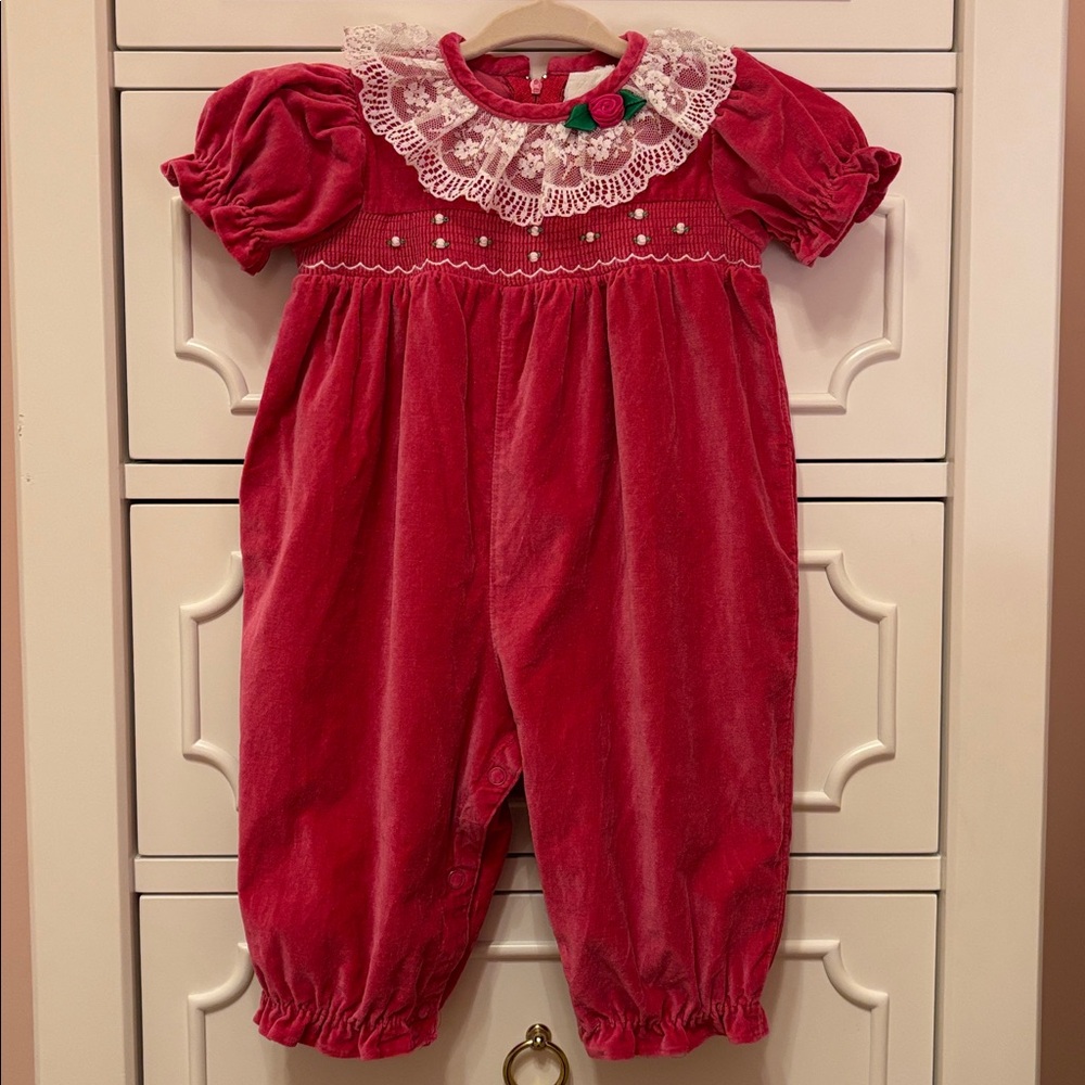 Vintage Baby Girl Smocked Pink Velvet Romper w/ Embroidered Roses & Lace Collar